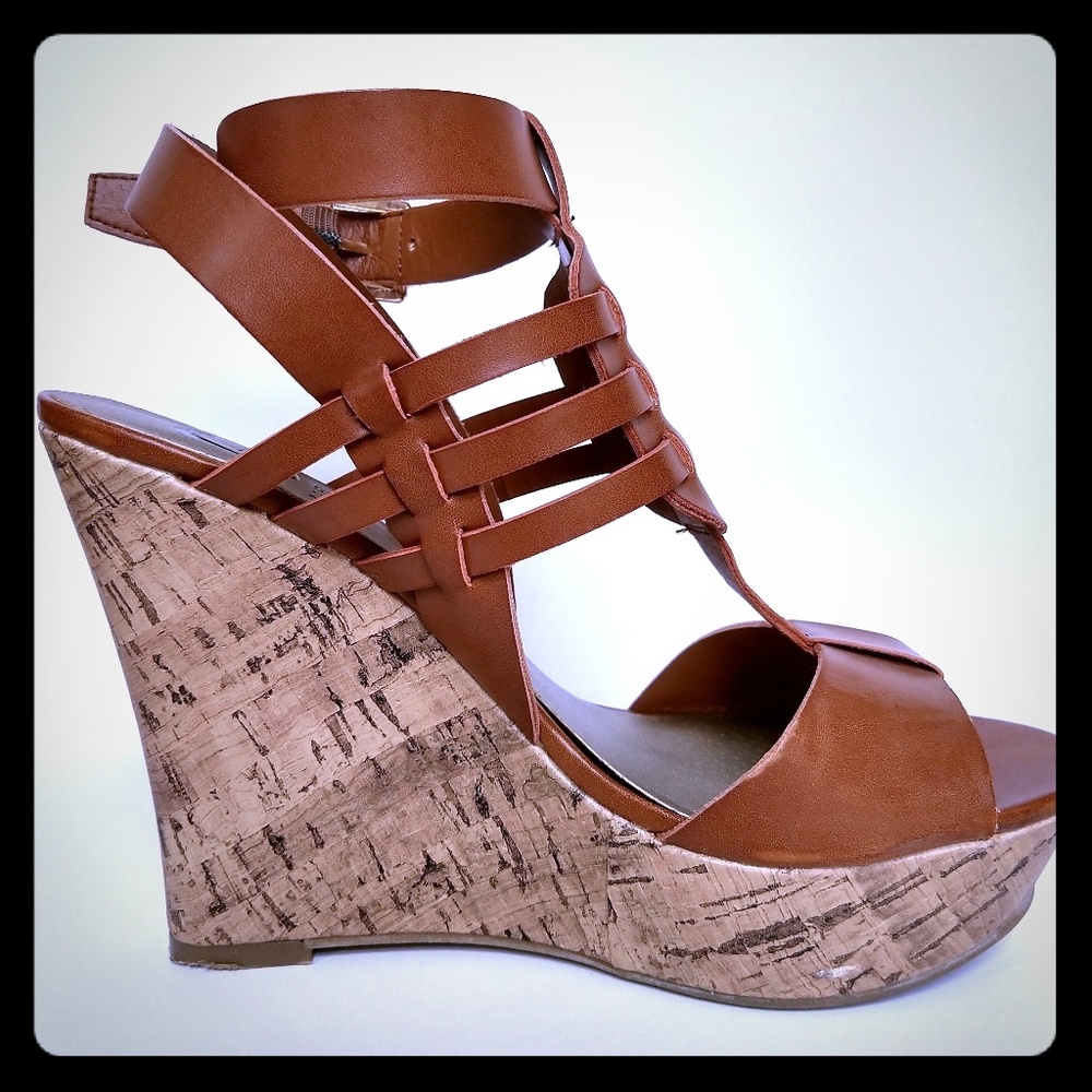 Guess Cognac Brn Gladiator Platform Wedge Sandals